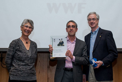 Dr Sergi Tudela, Head of Fisheries at WWF Mediterranean,: receives the WWF Award for Conservation Merit: from Jim Leape, WWF International Director General, and Yolanda Kakabadse, WWF International President. © WWF-Canon / Richard Stonehouse